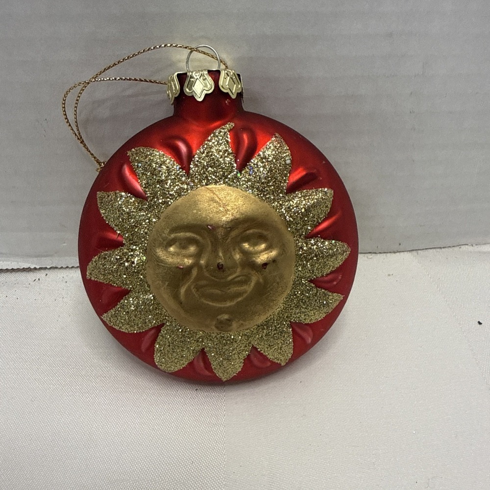 Vintage 90s Celestial Sun Gold Red Glitter Glass Ornament Smiling Sunface Bauble